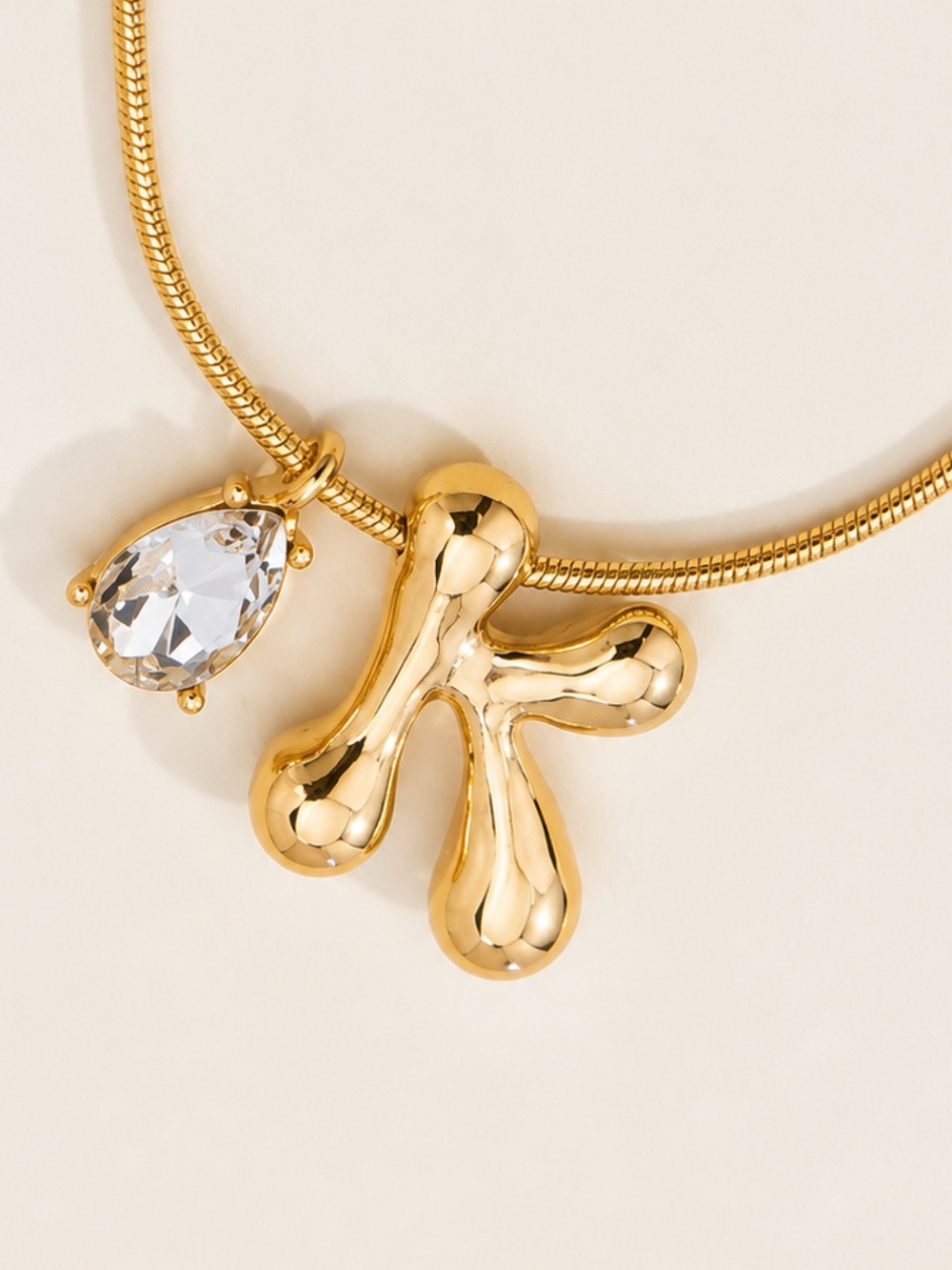 Gold Bubble Initial Crystal Pear Charms Necklace (7222)